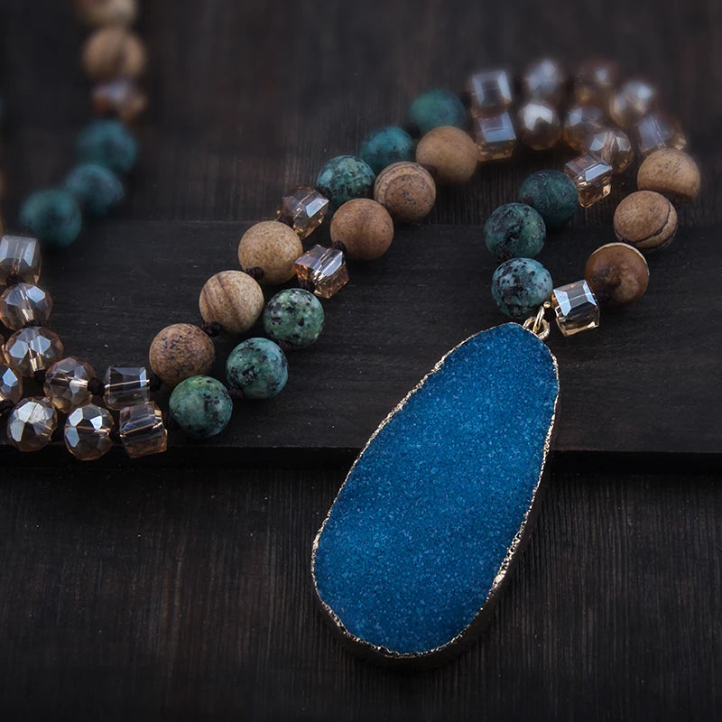 RH Fashion Boho Jewelry Natural Stones and Crystal With Druzy Drop Pendant Necklaces Women Necklace Gift Dropship