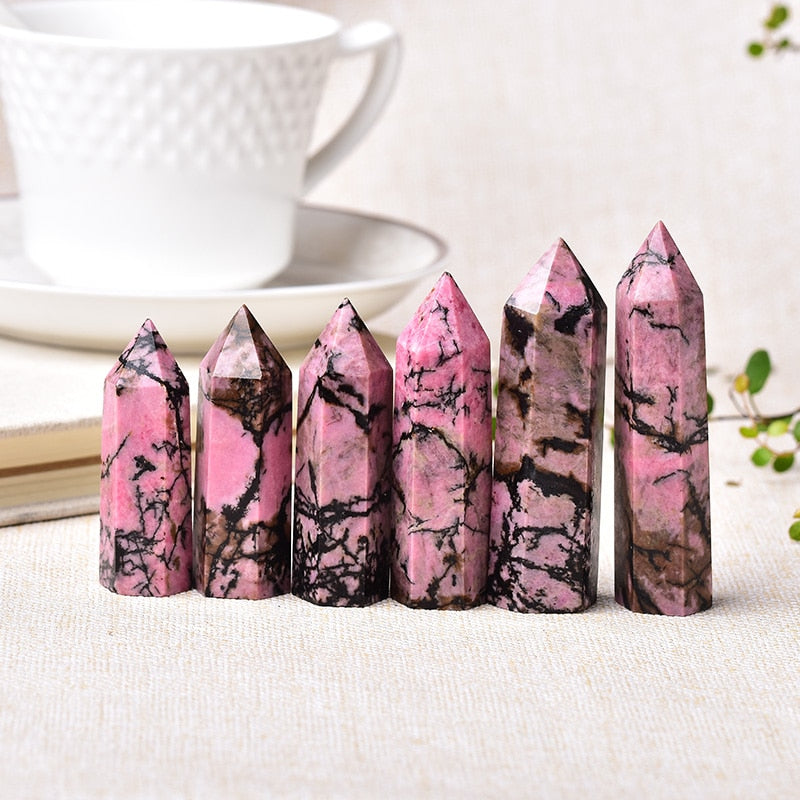 1pc Natural Quartz Point Rhodonite Healing Obelisk Pink Stone Wand Rhodochrosite Ornament for Home Decor Energy Stone Pyramid - Charlie Dolly