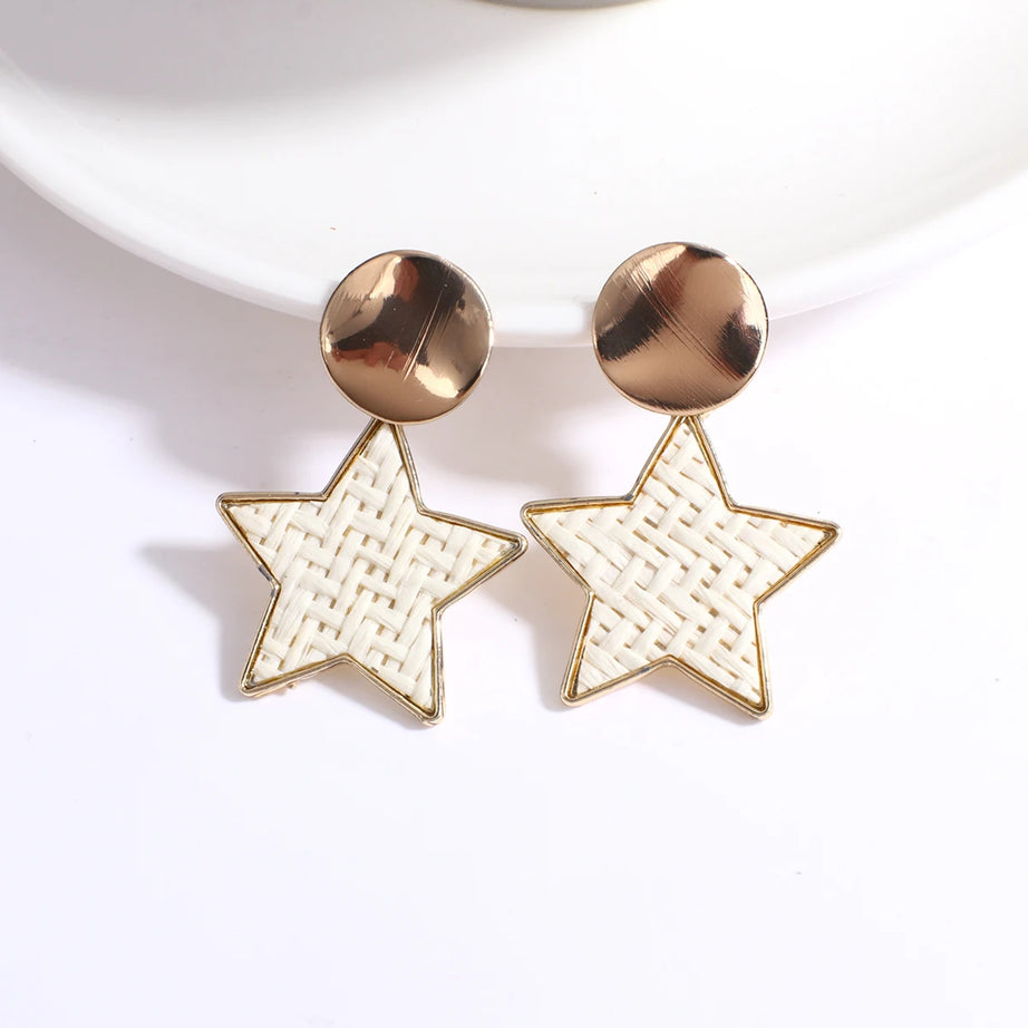 Wooden Rattan Braid Geometric Drop Earrings Jewelry