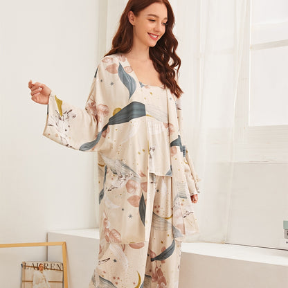 HOT SELLING 3Pcs Soft Pajama Set For SPRING & FALL Ladies Sleepwear Floral Printed  Pink Leaves Cardigan+Camisole+Pants Homewear