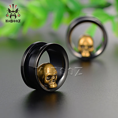 KUBOOZ Newest Popular Fashion Stainless Steel Skull Ear Piercing Tunnels Gauges Body Jewelry Ear Screw Gauges Stretchers 8-25mm