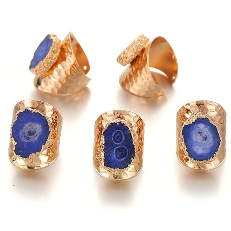 Boho Irregular Natural Stone Agate Slices Sunflower Wide Open Ring for Women Gold Plated Resizable Finger Jewelry - Charlie Dolly