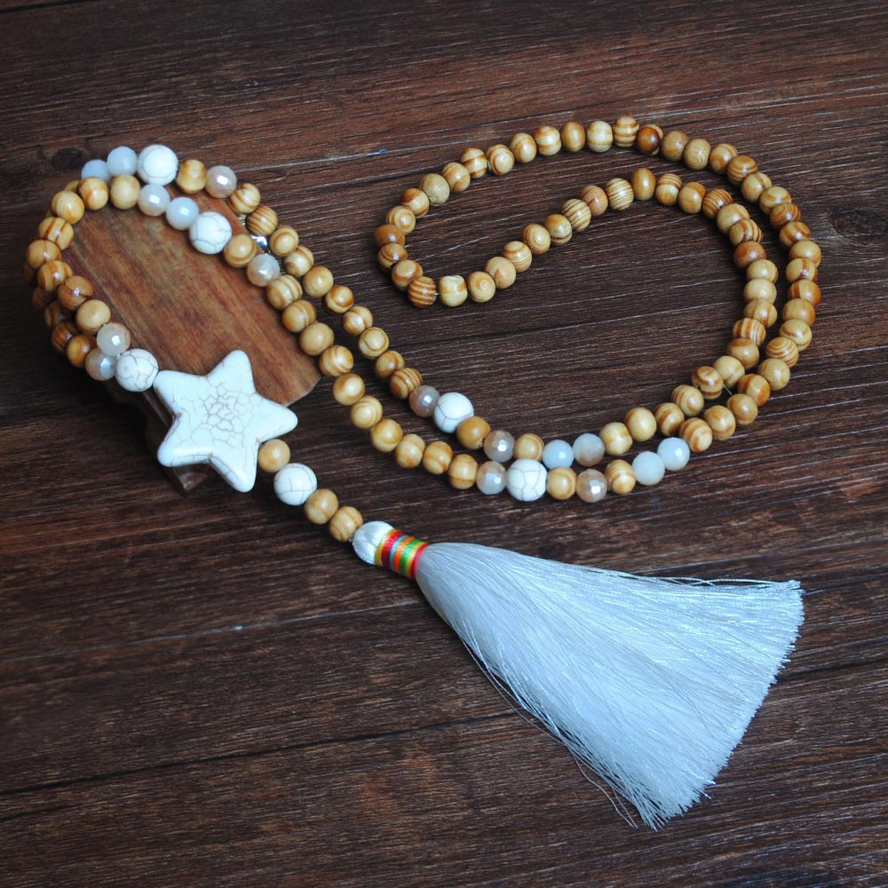 Yumfeel New Bohemian Necklace Handmade Stones Tassels Wood Beads Necklace Long Women Jewelry Gifts