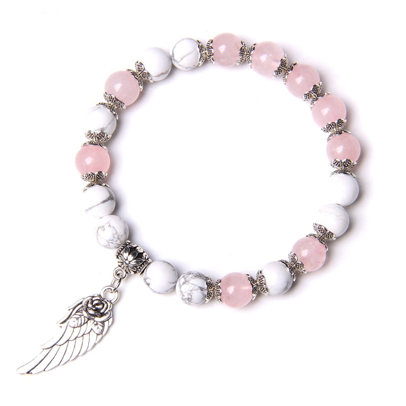Handmade Silver Color Rose Angel Wing Pendant Bracelet Natural Pink Quartz Crystal Beads Charm Bracelet Women Romantic Jewelry