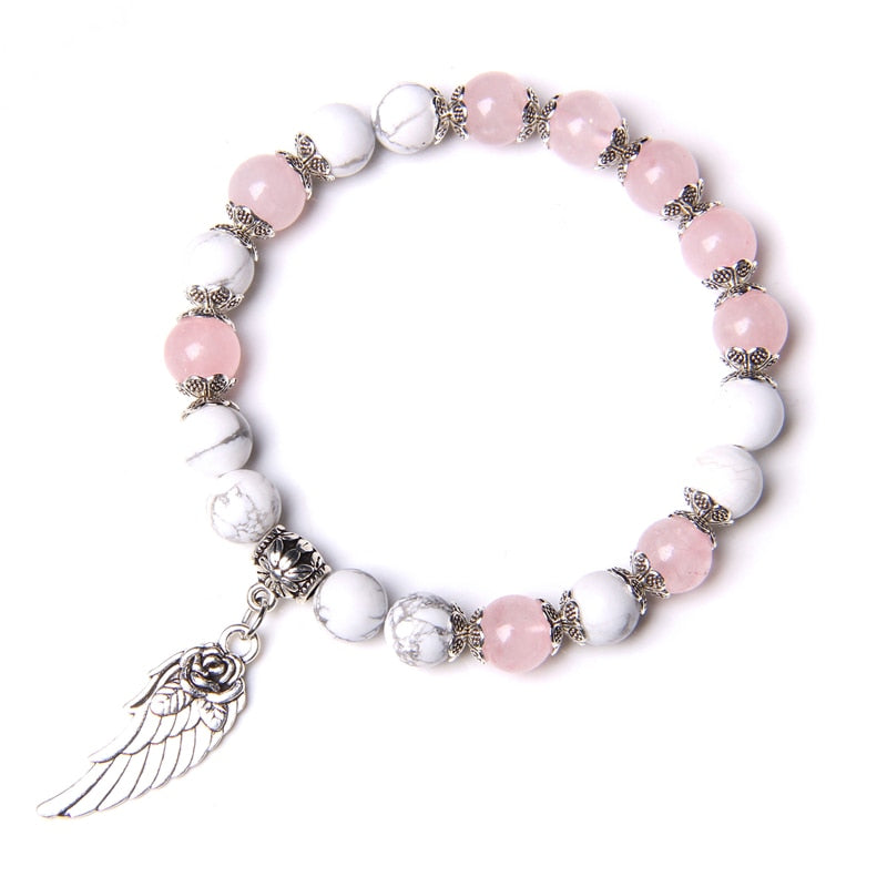 Handmade Silver Color Rose Angel Wing Pendant Bracelet Natural Pink Quartz Crystal Beads Charm Bracelet Women Romantic Jewelry - Charlie Dolly