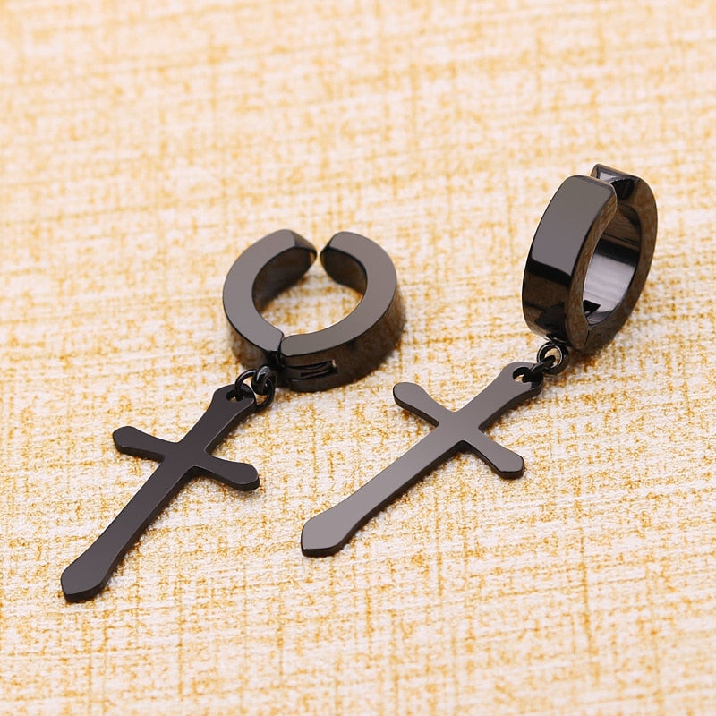 New 1 Pcs Stainless Steel Clip On Non Piercing Earrings For Women Men Black Gold Color Cross Gothic Punk Rock Drop Pendiente - Charlie Dolly