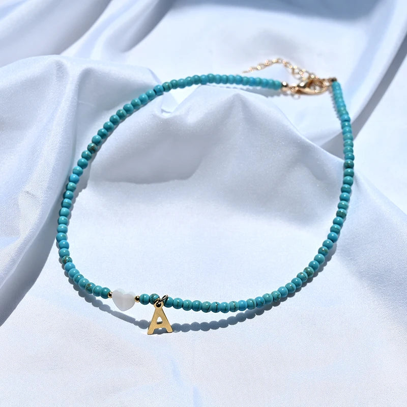 Colorful Beads Initial Choker for Women Stainless Steel Letter Pendant Necklace Fashion Shell Heart Jewelry Boho Accessories