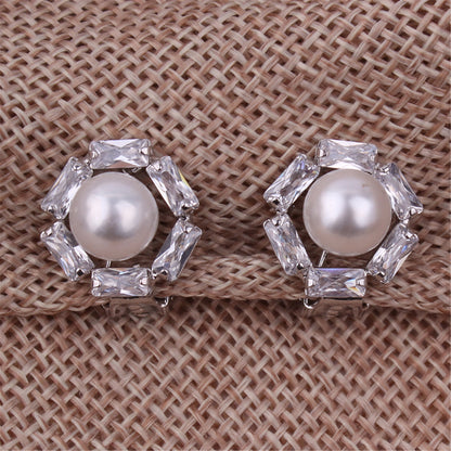 WENHQ New Cubic Zircon Pearl Clip on Earrings No Pierced for Women Girl Fashion Gold Color Flower Shape Ear Clip Fake Earrings