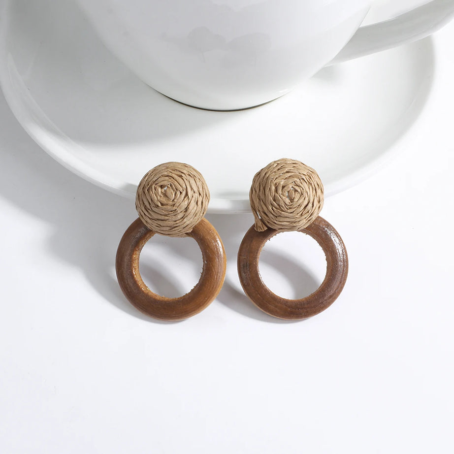 Wooden Rattan Braid Geometric Drop Earrings Jewelry