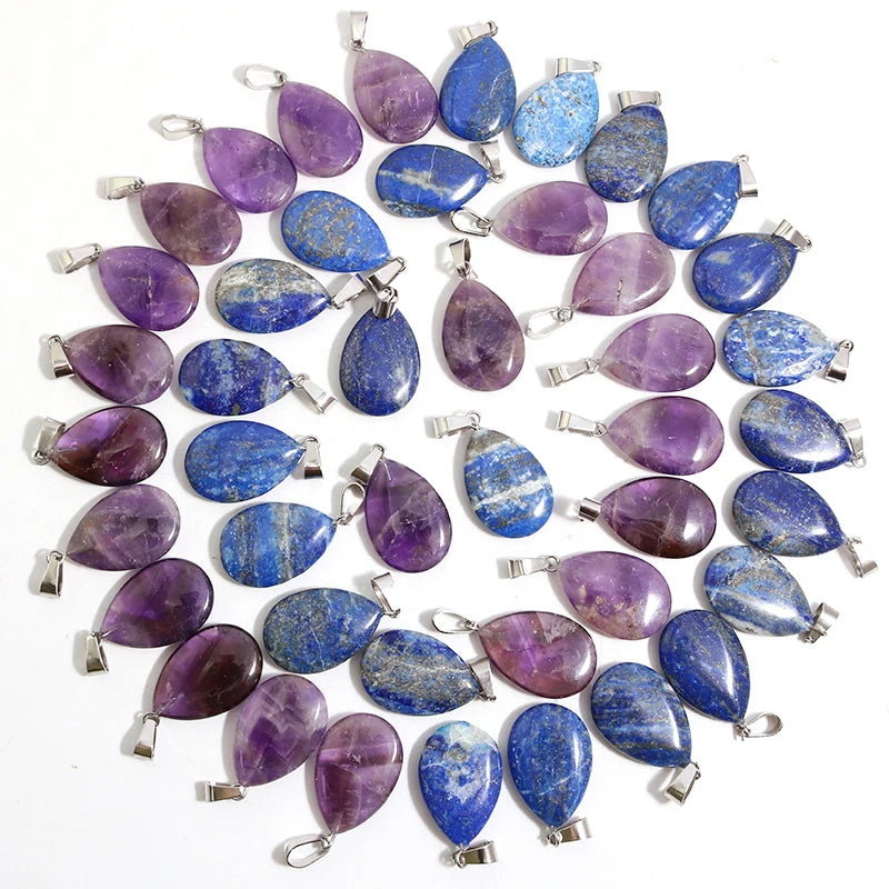 50pcs Natural Stone Waterdrop Pendants Crystal Amethysts Lapis Lazuli Healing Charms Tear Beads For Jewelry Making Earring Gems
