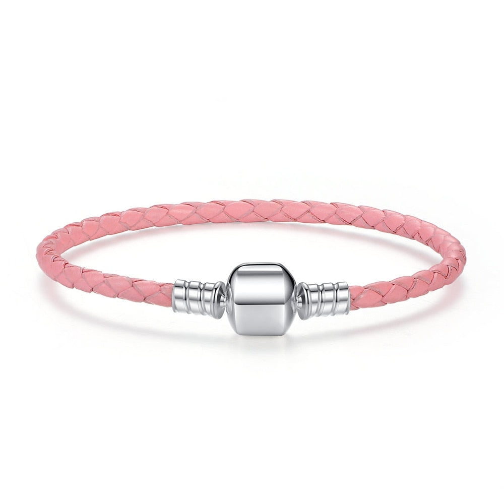 BAMOER Genuine Long Double Pink Black Braided Leather Chain Women Bracelets with 925 Sterling Silver Snake Clasp PAS908 - Charlie Dolly