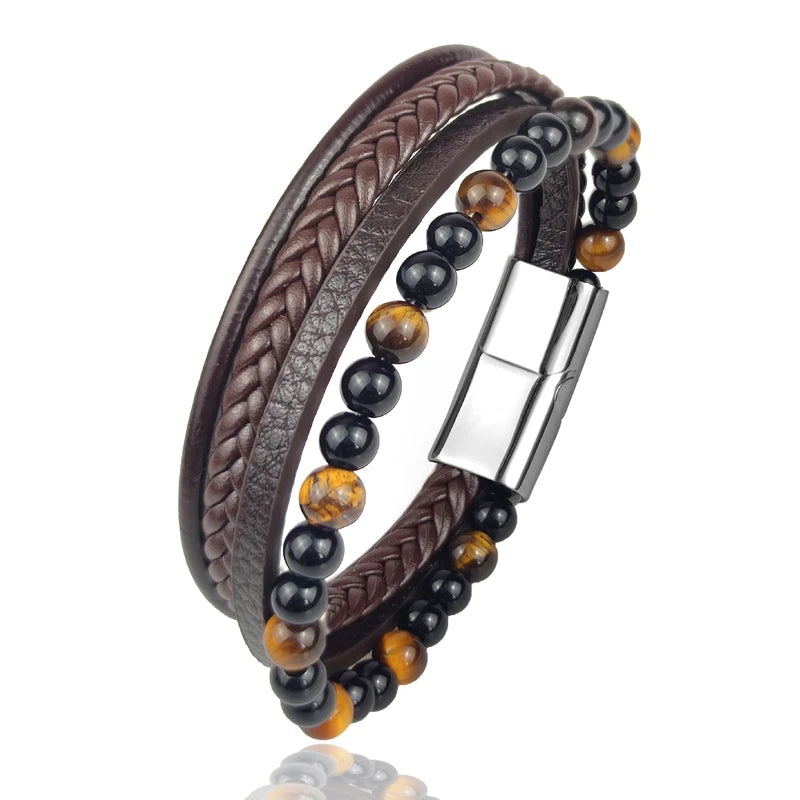 Boho Jewelry Beads Leather Charm Bracelet for Men Women Stainless Steel Natural Stone Rosary love Bracelet Bangle  Gift Wholesal