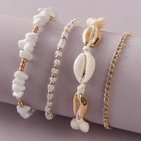 Handmade Shell and Stone Bead Multilayer Boho Anklet Set