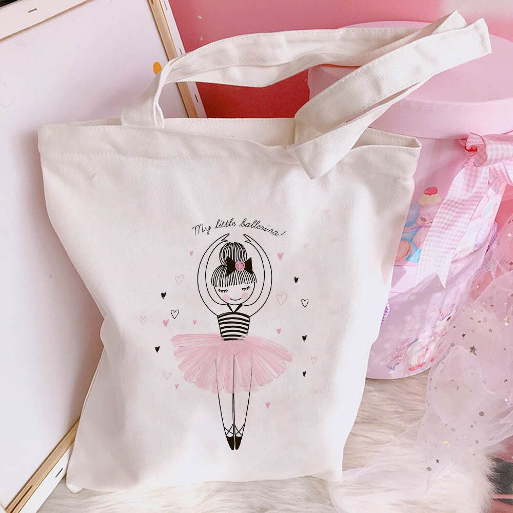 New Women's Casual Canvas Bag Pink Ballet Dance Girl Print Shopping Bag Lady Handbag Reusable Large Capacity Tote Bags