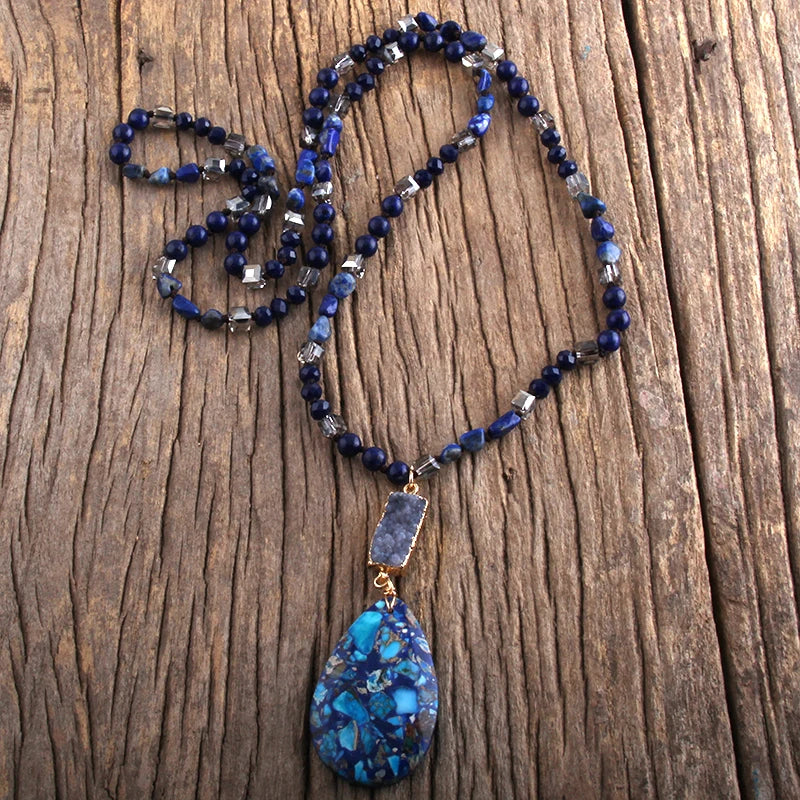RH Fashion Bohemian Jewelry Natural Random Shape Stones With Druzy Links Semi Precious Pendant Necklaces For Women Boho Gift
