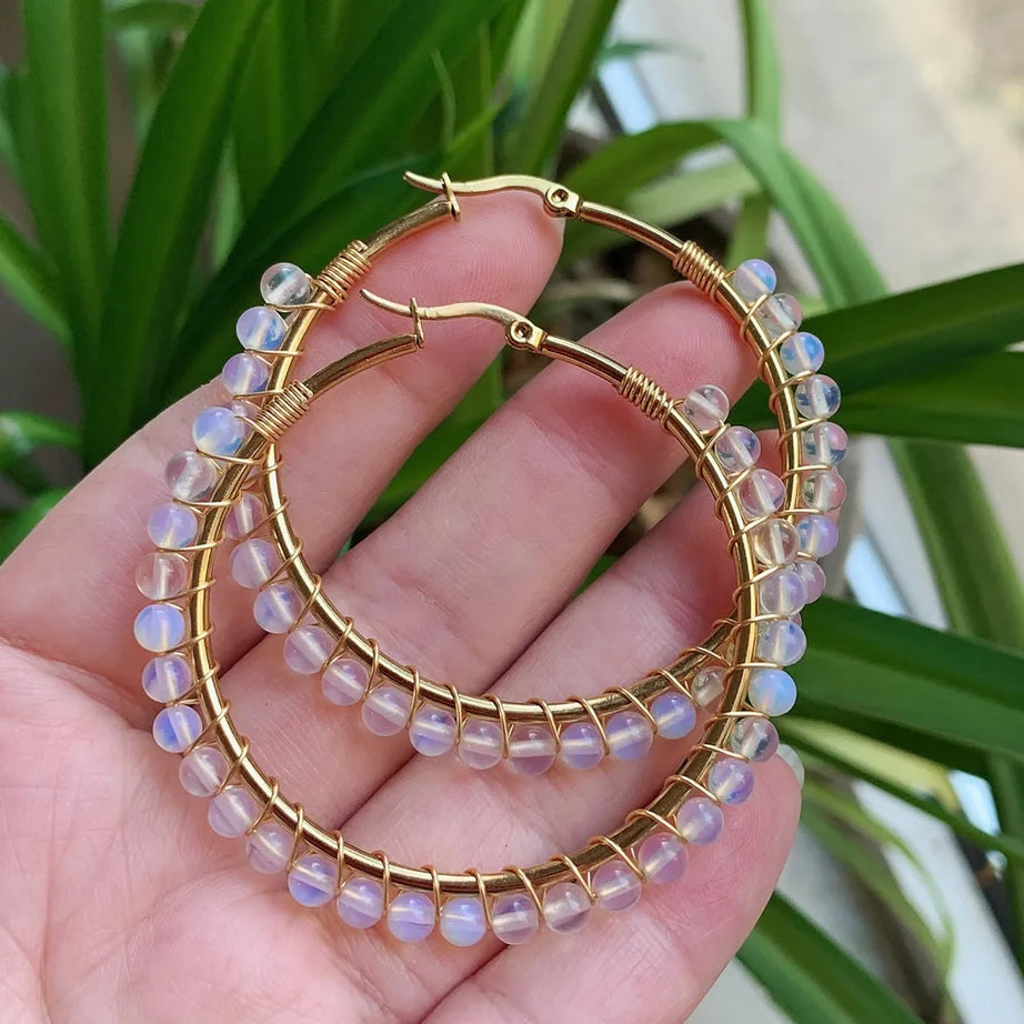 50mm Large Natural Stone Earrings for Women Ear Ring Agates Crystal Gold Plated Stainless Steel Circle Hoop Earring Boho Jewelry - Charlie Dolly