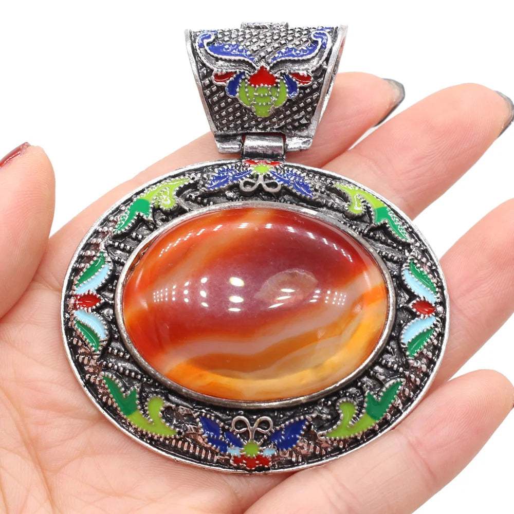 Vintage Ethnic Natural Stone Crystal Agates Charms Elliptical Boho Abalone Shell Pendant for Jewelry Making DIY Necklace Gift