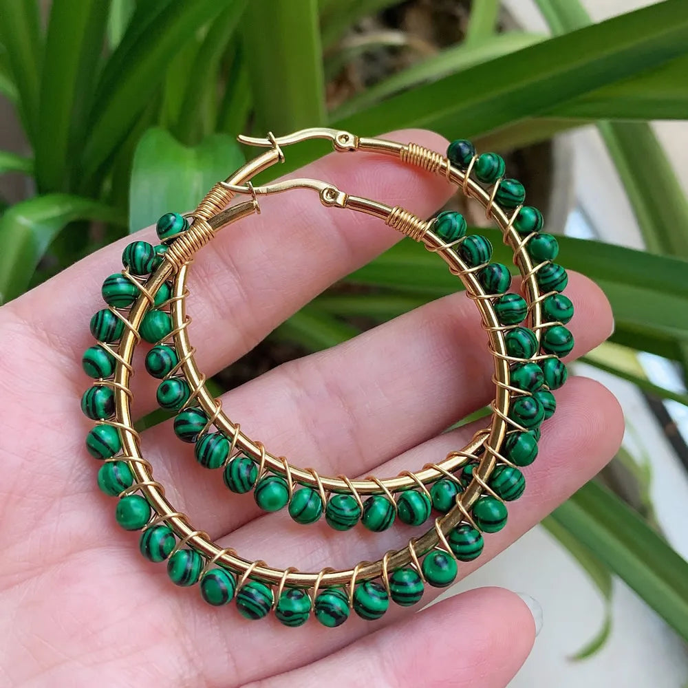 50mm Large Natural Stone Earrings for Women Ear Ring Agates Crystal Gold Plated Stainless Steel Circle Hoop Earring Boho Jewelry
