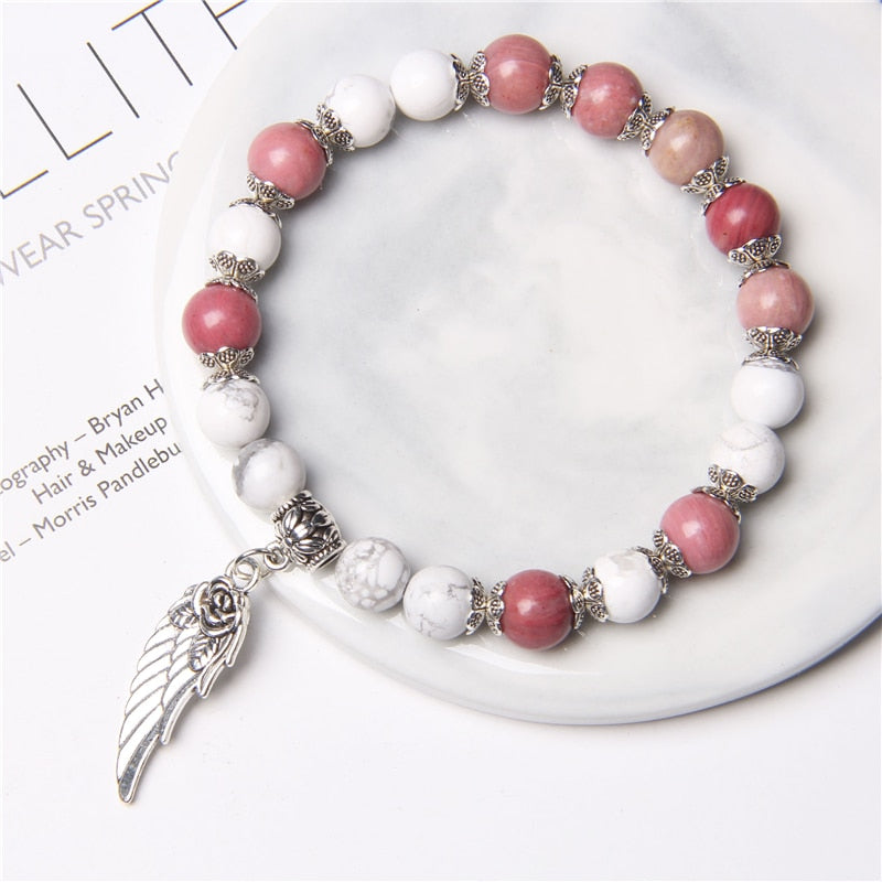 Handmade Silver Color Rose Angel Wing Pendant Bracelet Natural Pink Quartz Crystal Beads Charm Bracelet Women Romantic Jewelry - Charlie Dolly