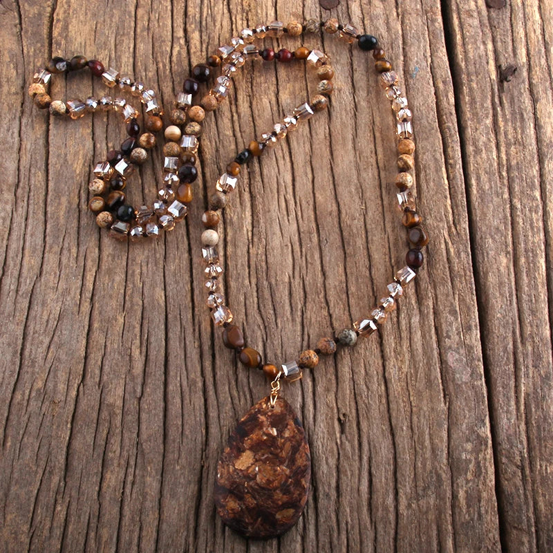 RH Fashion Bohemian Jewelry 6mm Natural Stones Crystal With Semi Precious Dorp Pendant Necklaces For Boho Necklace