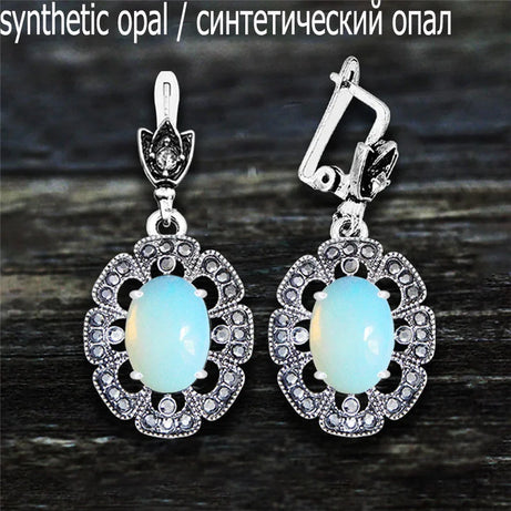 Vintage Plumflower Natural Jades Quartz Earrings For Women Antique Silver Plated Lapis Lazuli Tiger Eye Stone Fashion Earring - Charlie Dolly