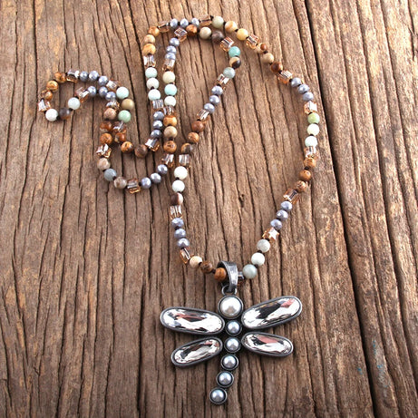 Dragonfly Long Knotted Stone Necklace Jewelry