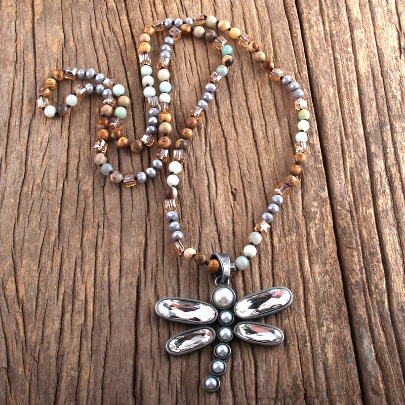 Dragonfly Long Knotted Stone Necklace Jewelry