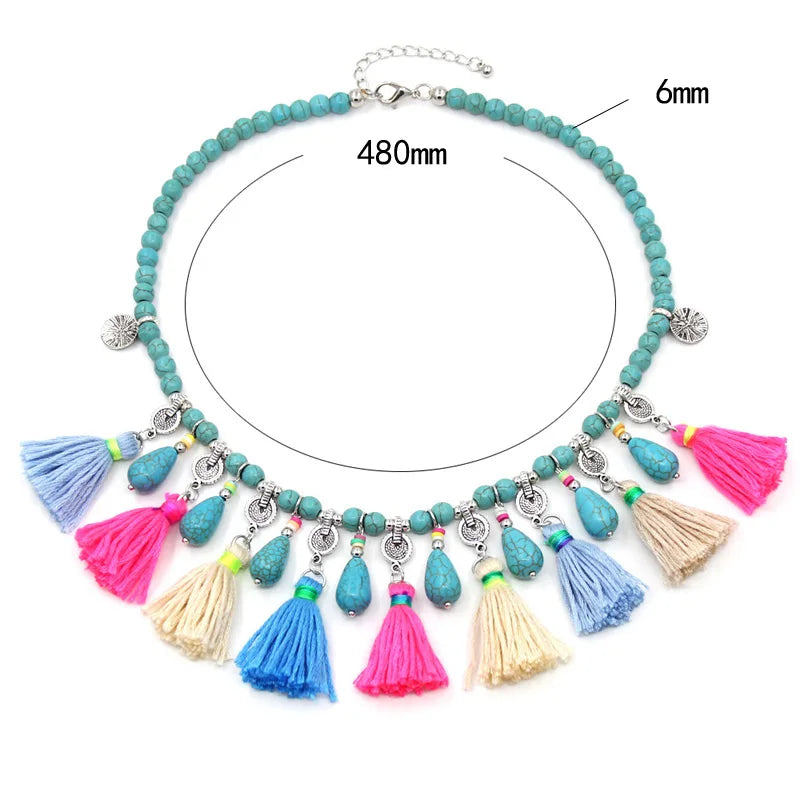 Boho Jewelry Women Statement Necklace Natural Stone Beaded Strand Tassel Water Drop Pendant Necklace Jewelry Sweater Chain