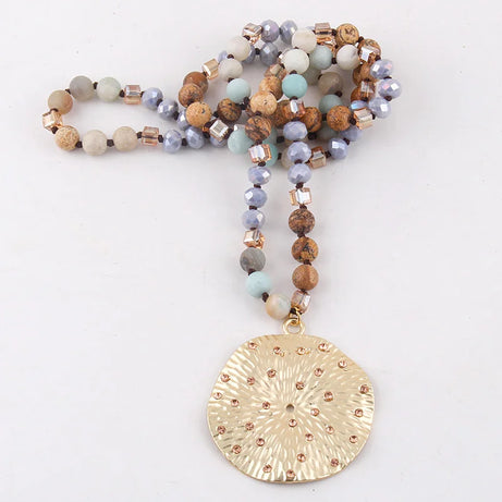 RH Fashion Bohemian Jewelry Natural Stones With Glass Links Crystal Round Pendant Necklaces For Women Boho Gift - Charlie Dolly
