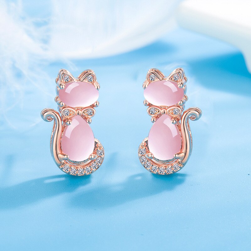 HuiSept Trendy 925 Silver Earrings Cat Shape Pink Rose Quartz Zircon Gemstones Jewelry Stud Earrings for Women Wedding Wholesale - Charlie Dolly