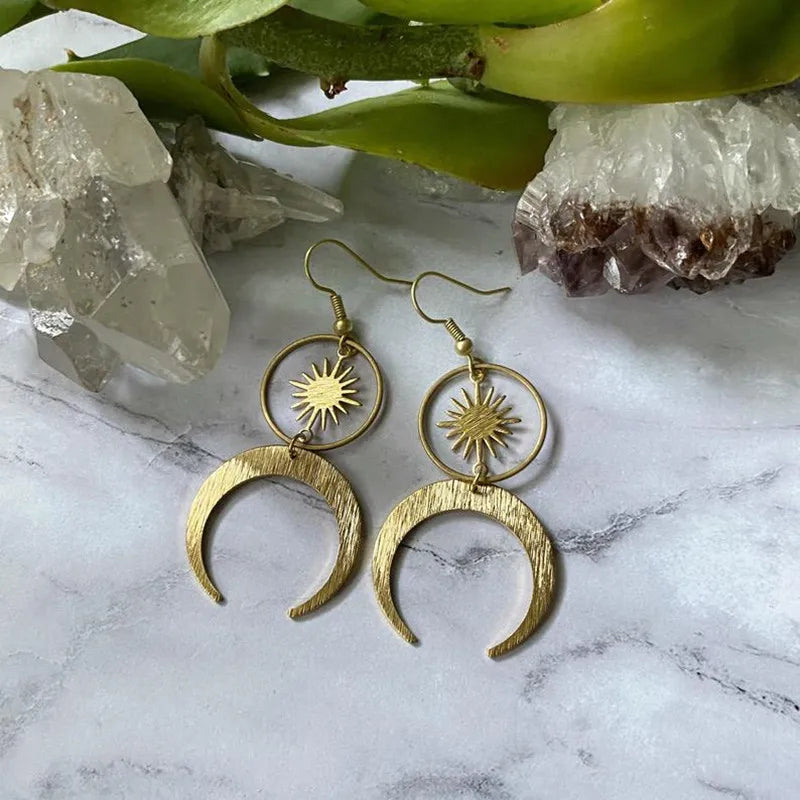Moon phase earrings Crescent moon Space Sun and moon Genuine amethyst Witchy Boho Hippie jewelry fashion women gift 2022 new