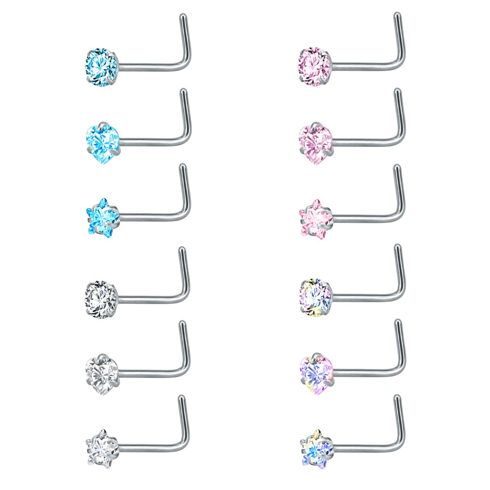 ZS 22g CZ Crystal Nose Studs Sets 12PCS/3PCS Nose Rings Studs Set Stainless Steel Nose Piercing Screws Fashion Nose Septum Rings - Charlie Dolly