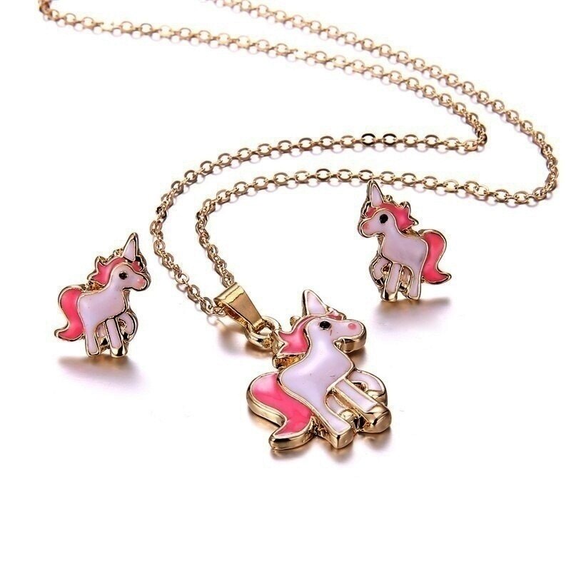 4pcs/set Necklace Earrings Cartoon Unicorn Necklace Earring Jewelry Pink Girls Gift Jewelry Jewelry  Earring and Necklace Set - Charlie Dolly