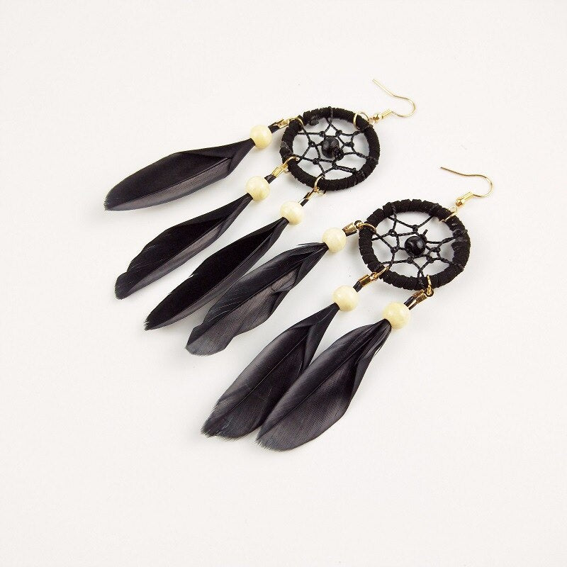 Bohemian Hollow Dream Catcher Leaf Feather Earrings For Women Indian Jewelry Blue Natural Stone Drop Dangle - Charlie Dolly