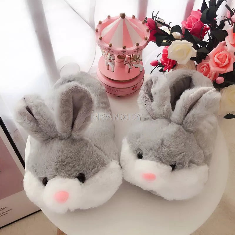 2021 Cute pink rabbit gray bunny slipper cartoon animal plush slippers female winter warm rabbit home woman slipper - Charlie Dolly