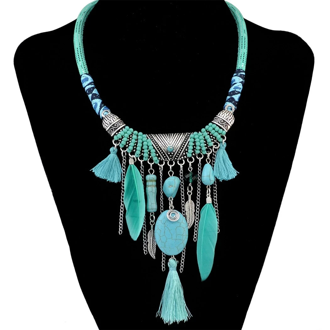 Thread Feather Bead Long Tassel Necklace Jewelry