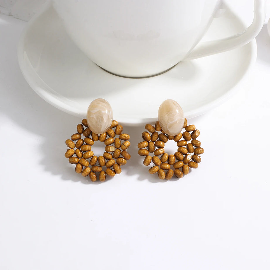 Wooden Rattan Braid Geometric Drop Earrings Jewelry