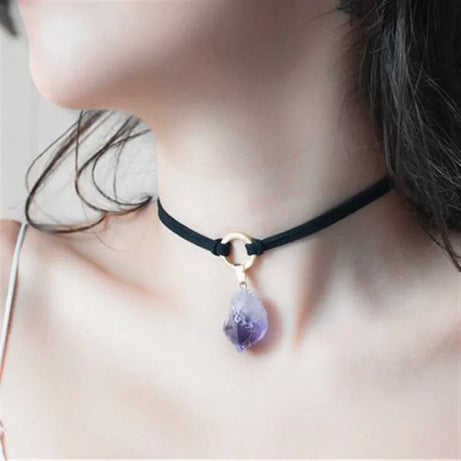 Raw Purple Crystal Rope Choker Necklace Jewelry