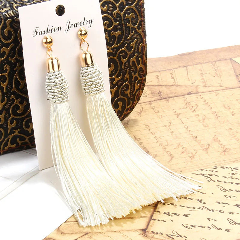 Bohemia Hand-Woven Tassel Dangle Earrings For Women Ethnic Silk Fabric Long Drop Earring New Female Boho Jewelry Gift