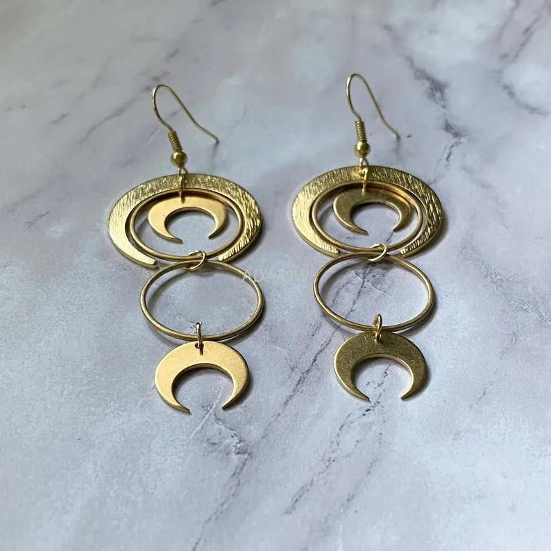 Golden Color Goddess Hoop Earrings Drop Geometric Crescent Phase Hippie Statement Witchy Jewelry Fashion Gorgeous Women Gift New