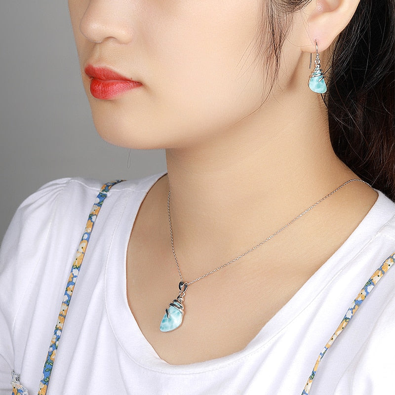 Shell Design 925 Sterling Silver Jewelry Gifts Classic Retro Precious Natural Larimar Pendant Necklace - Charlie Dolly
