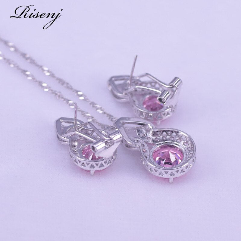 Risenj Princess Pink 925 Sterling Silver Jewelry Set For Women Hoop Earrings Ring Necklace Bracelet Set Bridal Jewelry