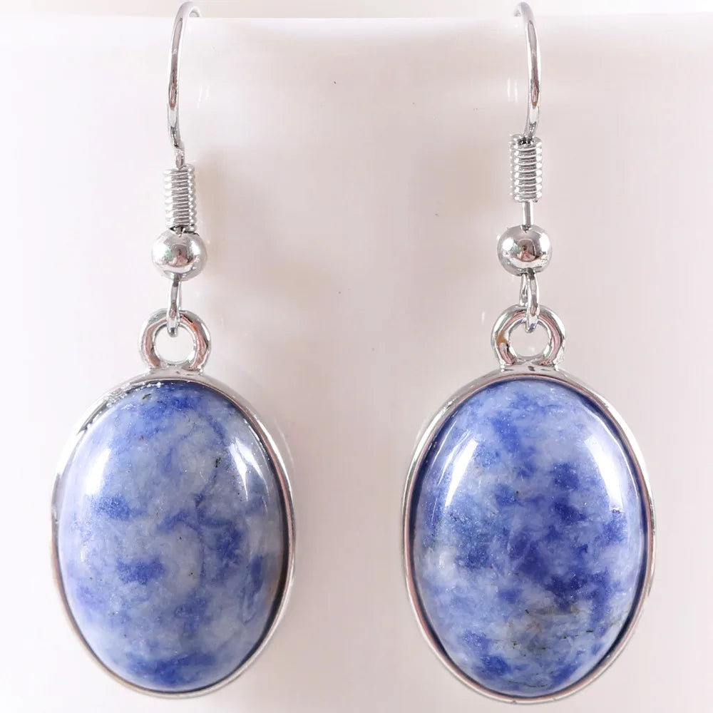 Natural Stone White Opal Howlite Dangle Earrings for Women Gem Blue Lapis Cabochon CAB Oval Beads Drop Earrings