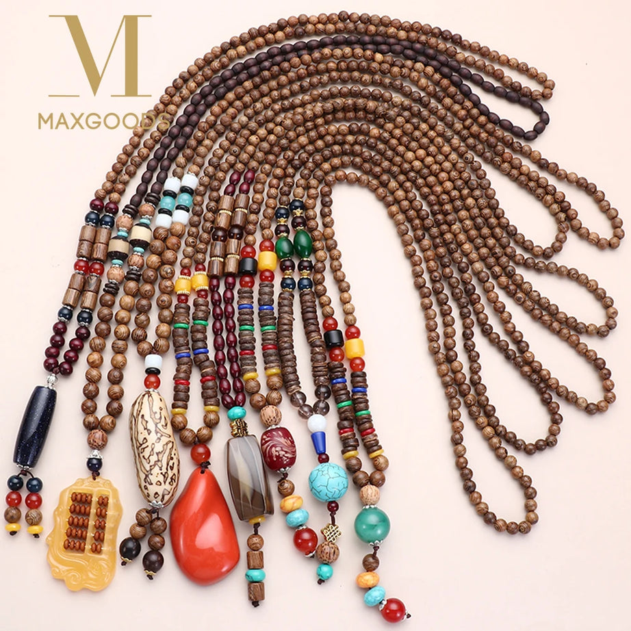 Nepal Wood Bead Pendant Long Necklace Jewelry