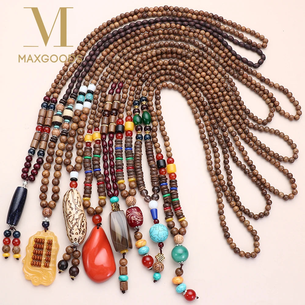 Nepal Wood Bead Pendant Long Necklace Jewelry