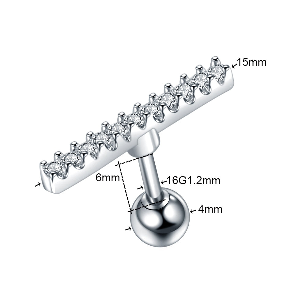 1PC Steel CZ Cartilage Stud Helix Earring Piercings Crystal Rook Tragus Conch Earring Stud Piercings Sexy Women Jewelry 16G - Charlie Dolly