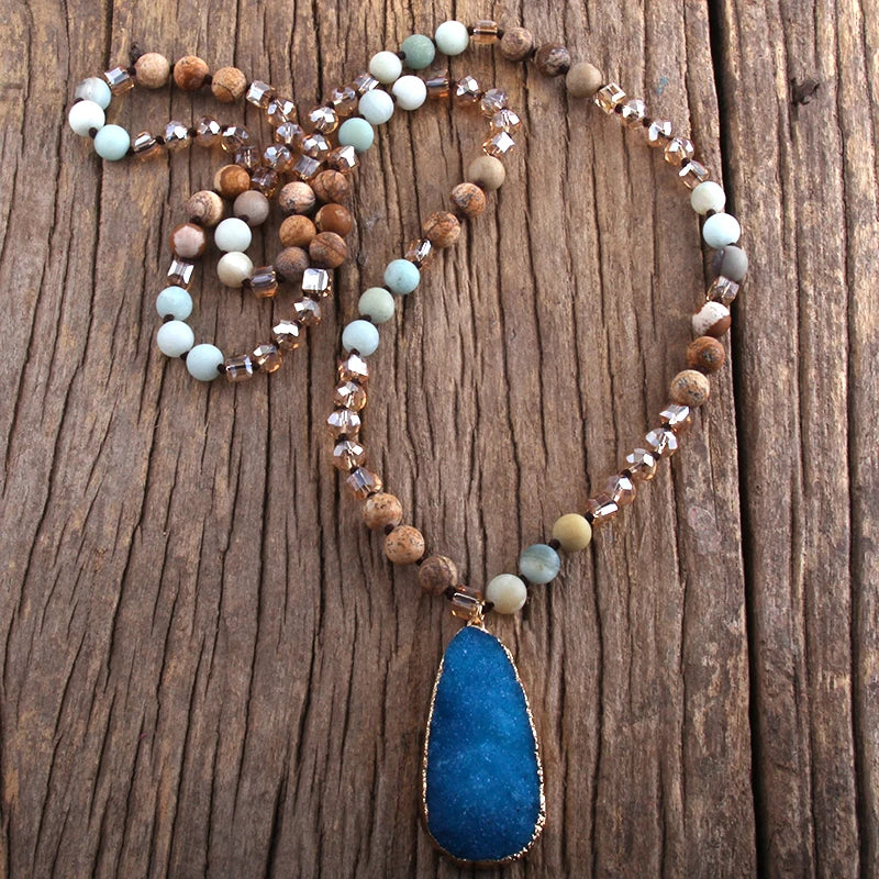 RH Fashion Boho Jewelry Natural Stones and Crystal With Druzy Drop Pendant Necklaces Women Necklace Gift Dropship