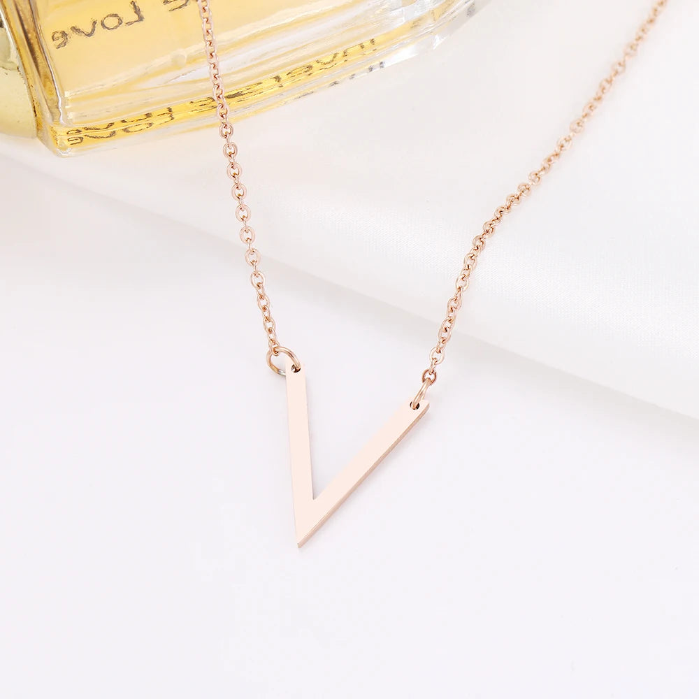 DOTIFI Stainless Steel Necklace For Women Lover's Gold And Rose Gold Color Simple V Pendant Necklace Engagement Jewelry Friends - Charlie Dolly