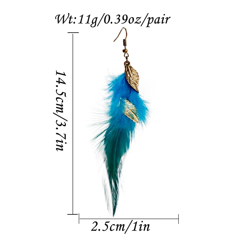 Summer Boho Feather Earrings For Women Kolczyki 2022 Gold Color Leaf Pendant Blue Pink Long Earrings Brinco Feminino