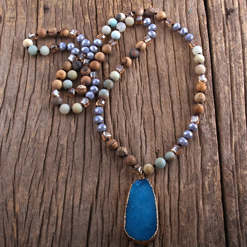 RH Fashion Boho Jewelry Natural Stones and Crystal With Druzy Drop Pendant Necklaces Women Necklace Gift Dropship